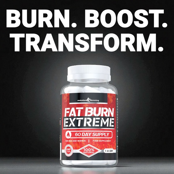A high-contrast, product-centric ad creative for a fat burner supplement featuring bold typography on a black background.
